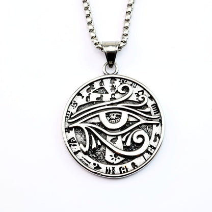 Men's Steel Egyptian Eye of Horus Round Tag Pendant Necklace