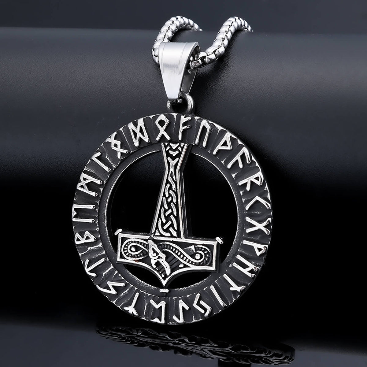 Men's Steel Viking Runes Mjolnir Round Pendant Necklace