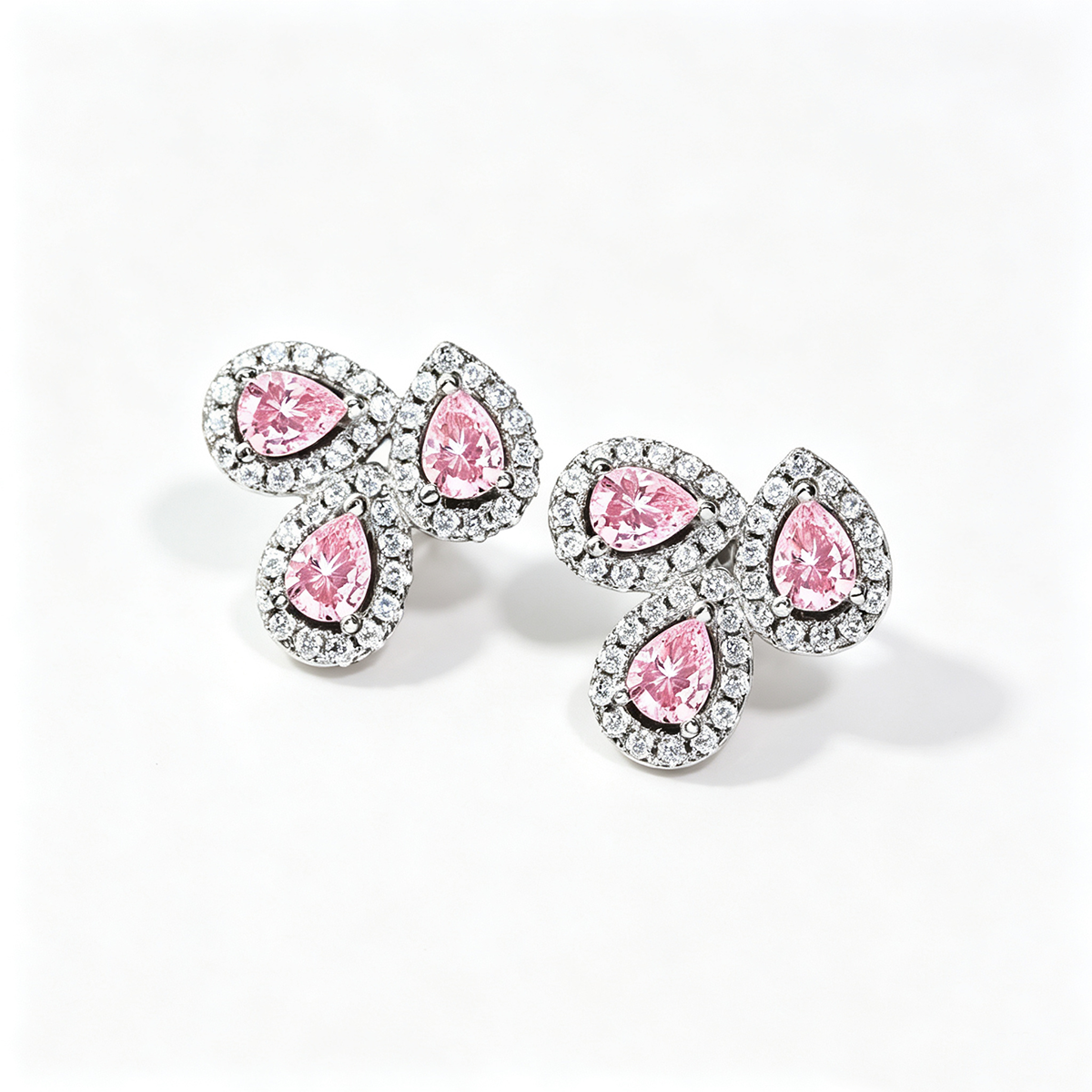 Women's Three‑Petal Flower Stud Earrings, Pear‑Shape Pink Sapphire with Zirconia Halo, S925 with White Gold Plating
