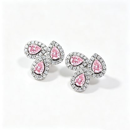 Women's Three‑Petal Flower Stud Earrings, Pear‑Shape Pink Sapphire with Zirconia Halo, S925 with White Gold Plating