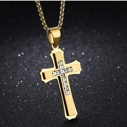 Men's Punk Double-Layer Three-Dimensional Cross Pendant Necklace