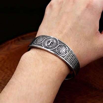 Vintage Punk St. Benedict Open C Bracelet for Men, Trendy Personality Stainless Steel Retro Adjustable Cuff Bangle Jewelry