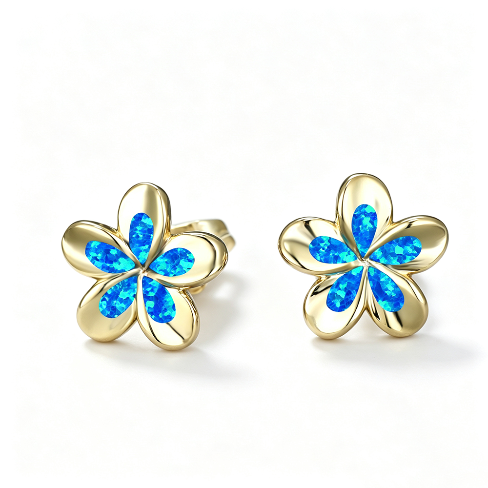 Women's 3D Five-Petal Flower Stud Earrings Inlaid With White & Blue Opal