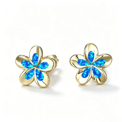 Women's 3D Five-Petal Flower Stud Earrings Inlaid With White & Blue Opal