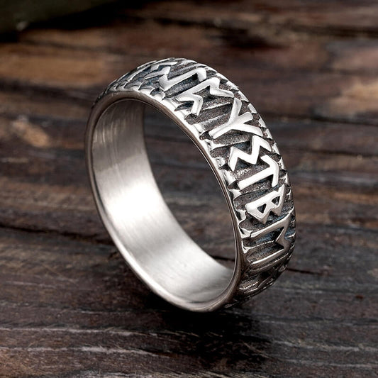 Vintage Solid Stainless Steel Norse Viking Full Rune Engraved Narrow Band Circle Ring for Men