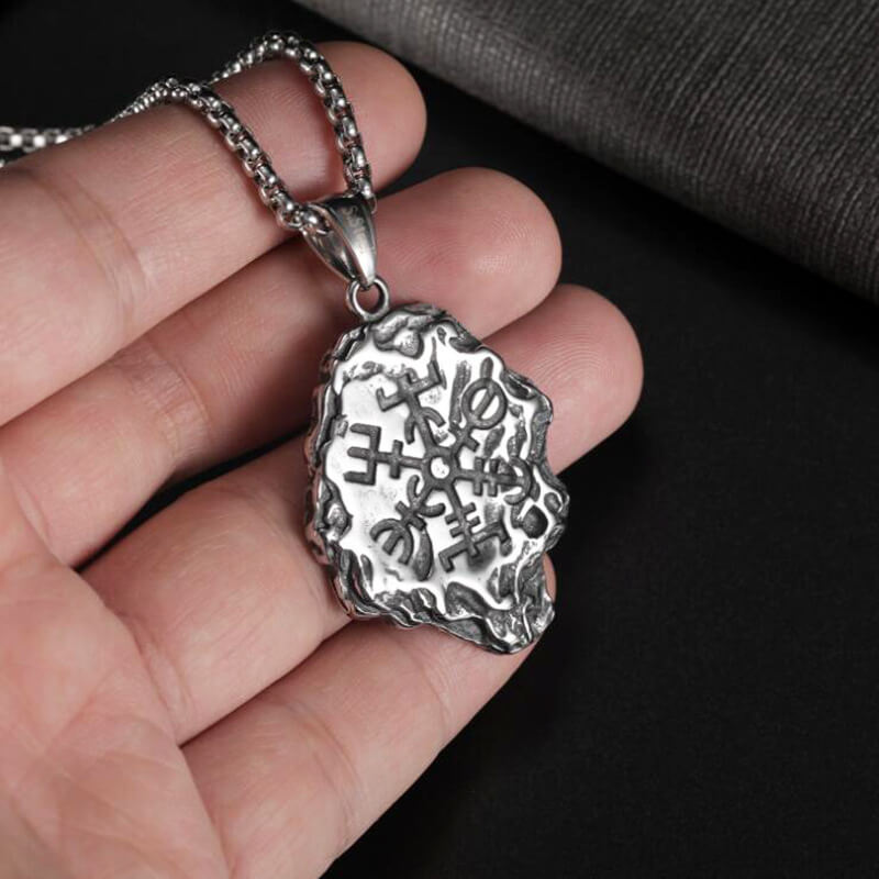 Men's Steel Irregular Meteorite Surface Nordic Viking Rune Pendant Necklace