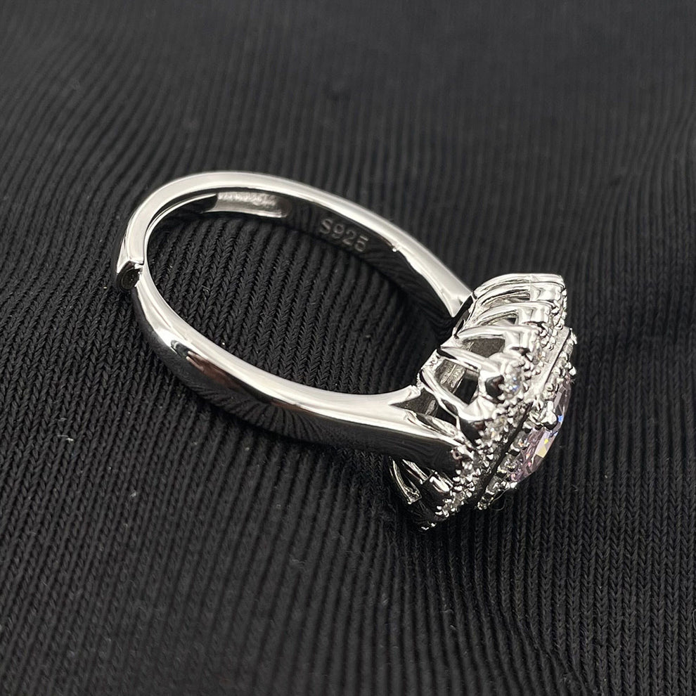 Women's White Gold Cushion Shape Layered Stones Pink Gem Halo Adjustable  Ring