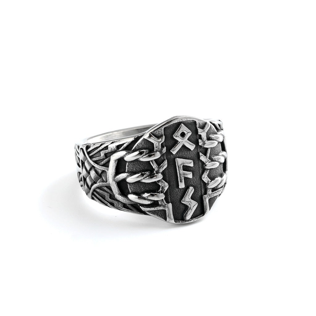 Vintage Solid Stainless Steel Viking Rune Shield Signet Ring for Men