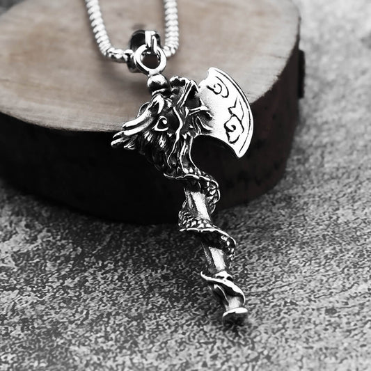 Mens Steel Dragon Axe Pendant Necklace