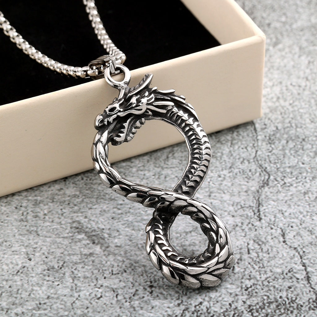 Vintage Stainless Steel Chinese Dragon Pendant Necklace for Men