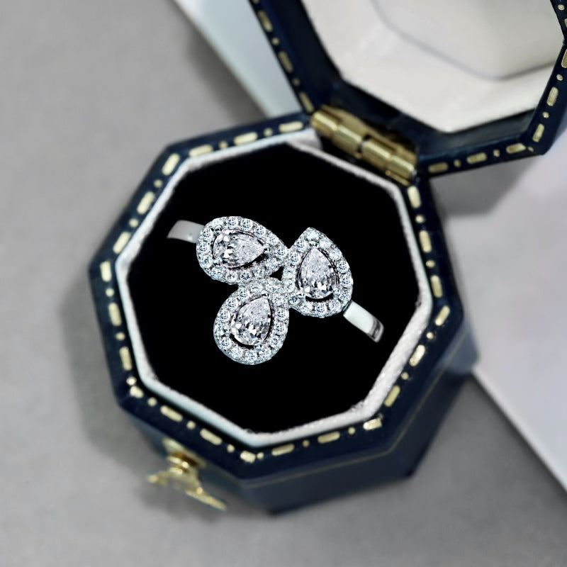 Women's Pear Shape Zirconia Overlapping Double Pear Design Ring, S925 with White Gold Plating