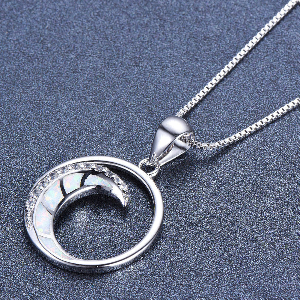 925 Silver Opal White Diamond Crescent Shaped Smooth Circle Pendant Necklace