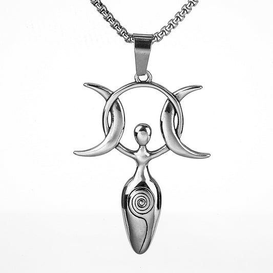 Vintage Stainless Steel Men's 3D Moon Star Goddess Pendant Necklace for Men