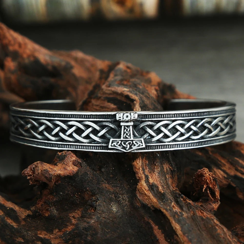 Men's Vintage Viking Celtic Knot Stainless Steel Open C Cuff Bracelet, Punk Mjolnir Thor's Hammer Retro Adjustable Bangle
