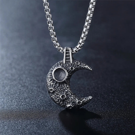 Men's Steel Textured Crescent Moon Pendant Necklace
