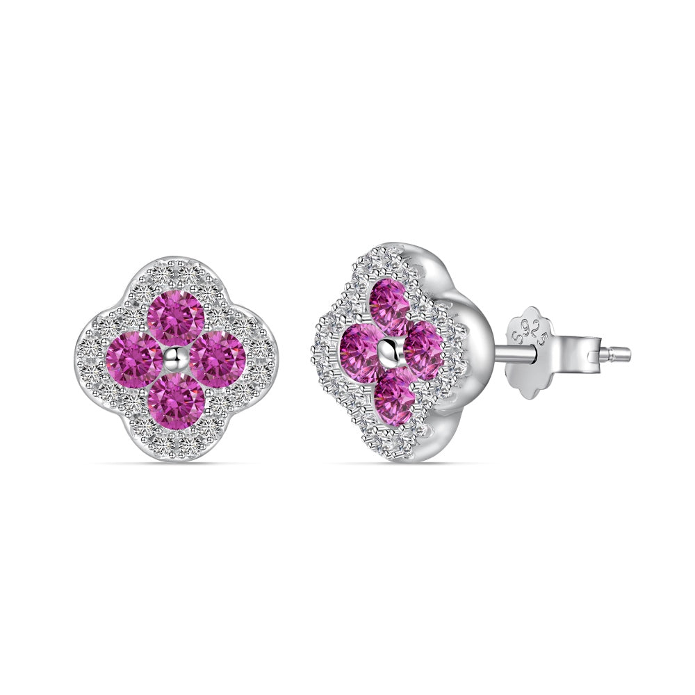 Women's Four‑Leaf Clover Stud Earrings, Round Fuchsia Sapphire Center Stone With Paved Border, S925 with White Gold Plating