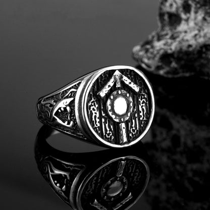 Vintage Solid Stainless Steel Hip Hop Shield Symbol Band Ring for Men