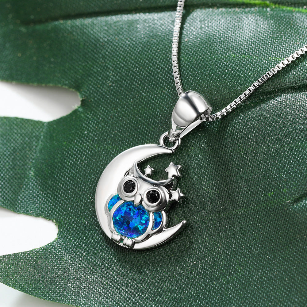 Opal Star and Moon Owl Necklace