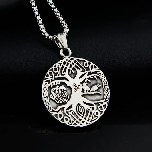 Men's Steel Tree of Life Round Pendant Necklace