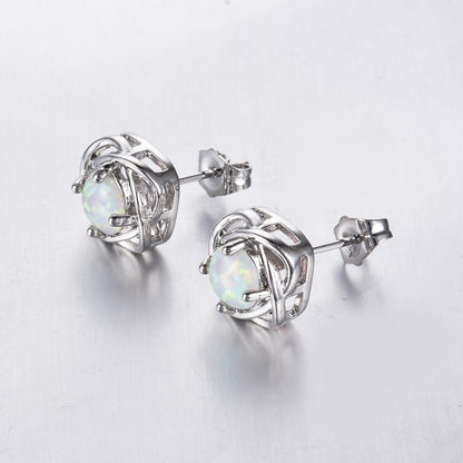 Women's Four‑Prong Blue Round Opal Braided Frame Stud Earrings