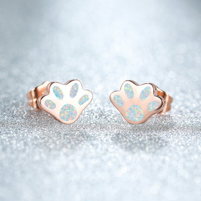 Women's Paw‑Shape Blue / White Opal Stud Earrings, with Rose Gold Plating / White Gold Plating
