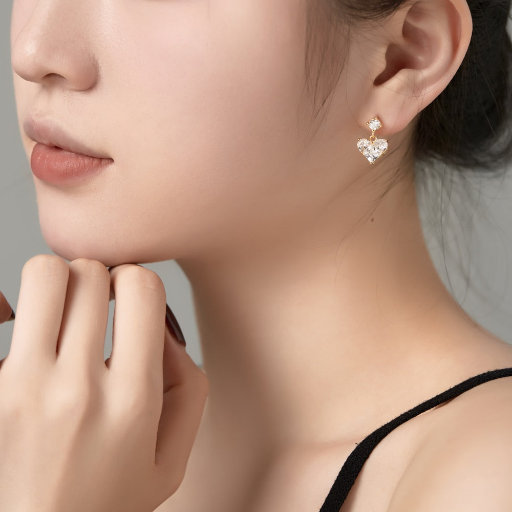 Women's Dangle Earrings, Clear Heart‑Shape Zirconia with Round Zirconia Accent, S925 with 18K Gold Plating