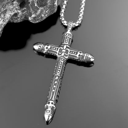 Vintage Stainless Steel Gothic Punk Engraved Pattern Cross Pendant Necklace for Men