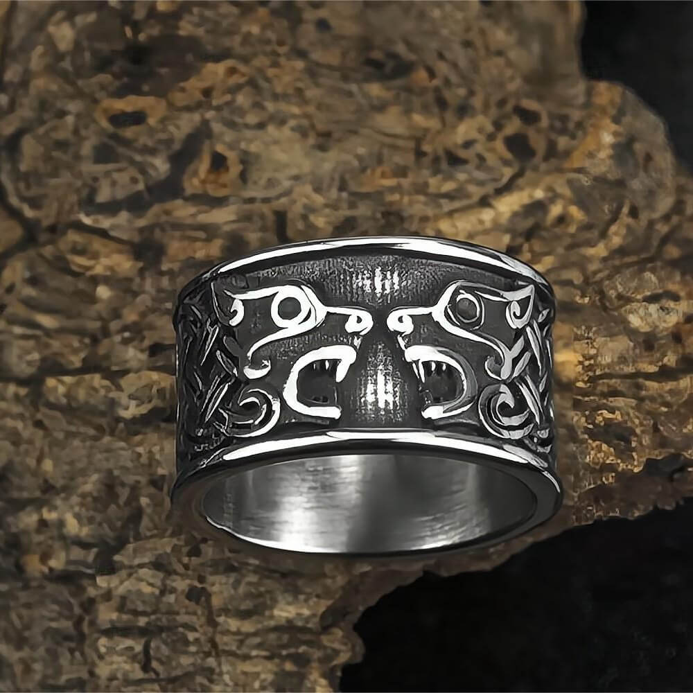 Vintage Nordic Stainless Steel Wide Band Viking Fenrir Wolf Head Ring for Men