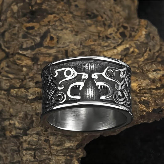Vintage Nordic Stainless Steel Wide Band Viking Fenrir Wolf Head Ring for Men