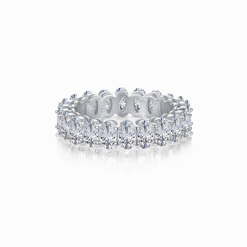 Women's Oval Egg Shape Claw Set Solitaire Cubic Zirconia Ring, S925 Silver with White Gold Plating Single Side Stones Ladies Ring