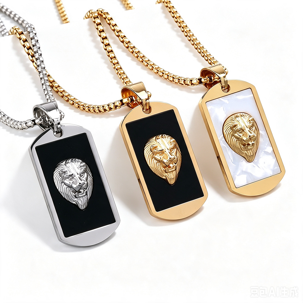 Vintage Stainless Steel Lion Dog Tag Pendant Necklace for Men