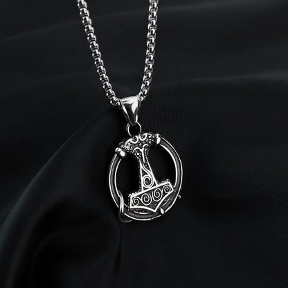 Vintage Stainless Steel Viking Thor's Hammer Round Pendant Necklace for Men