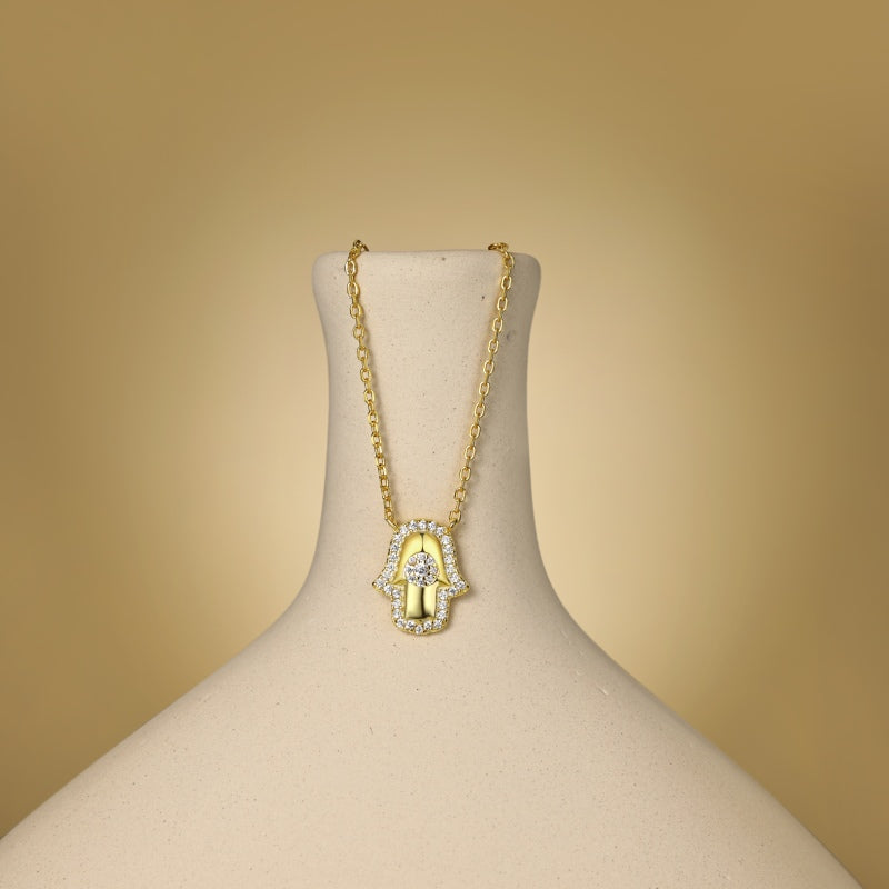 S925 Necklace, Inlaid White Round CZ, Evil Eye & Pharaoh Hand, Niche Fashion Versatile Design