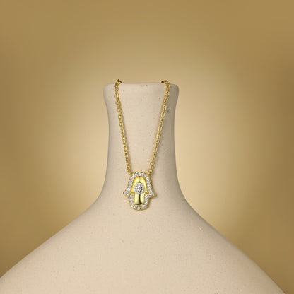 S925 Necklace, Inlaid White Round CZ, Evil Eye & Pharaoh Hand, Niche Fashion Versatile Design
