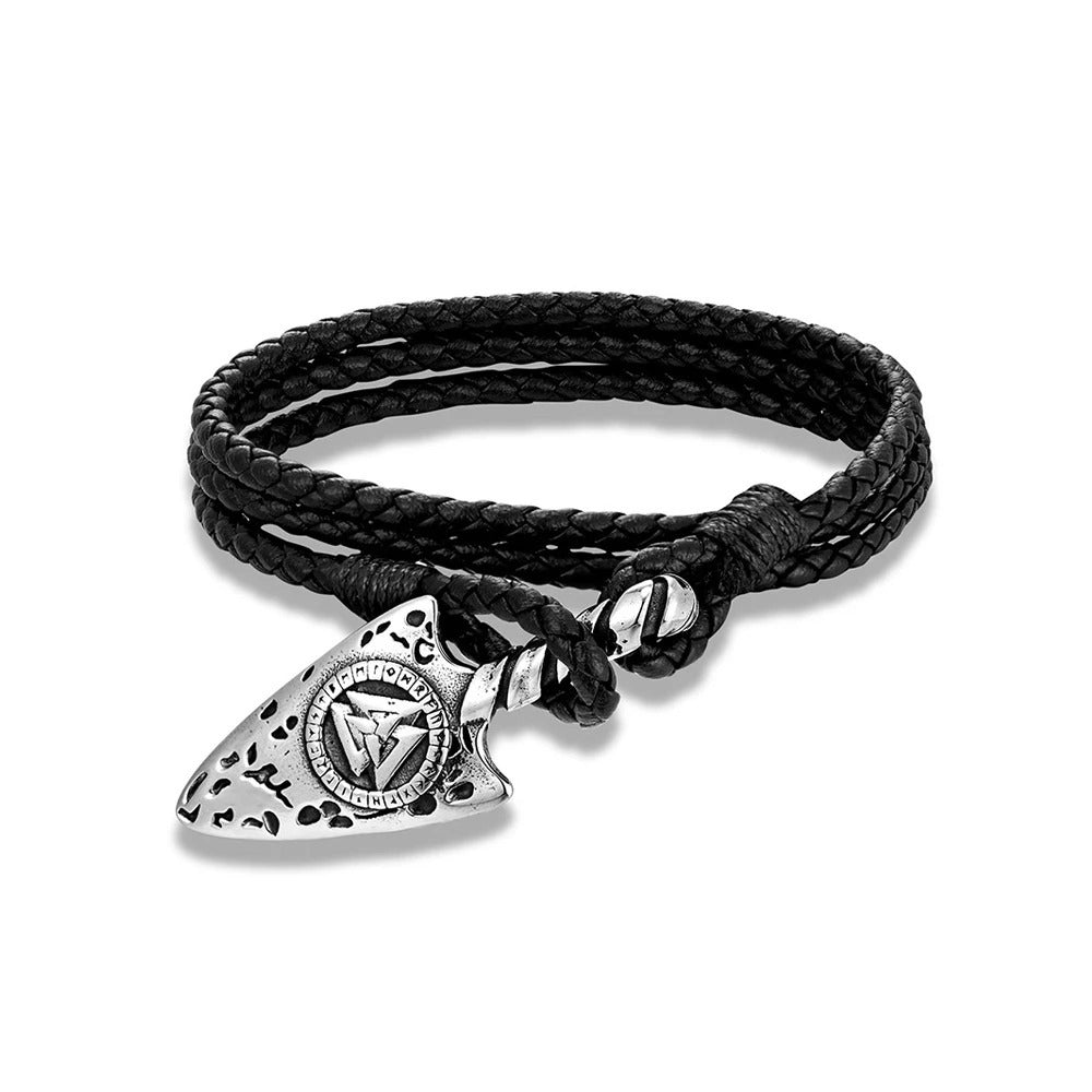 Nordic Viking Warrior Axe Stainless Steel Bracelet for Men, Handmade Double Strand Braided Leather Retro Wrist Accessory
