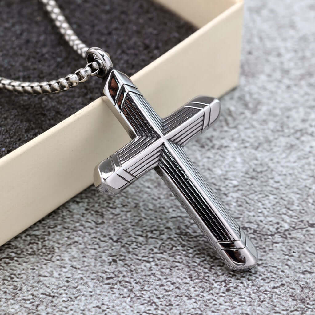 Vintage Stainless Steel Cross Striped Pendant Necklace for Men