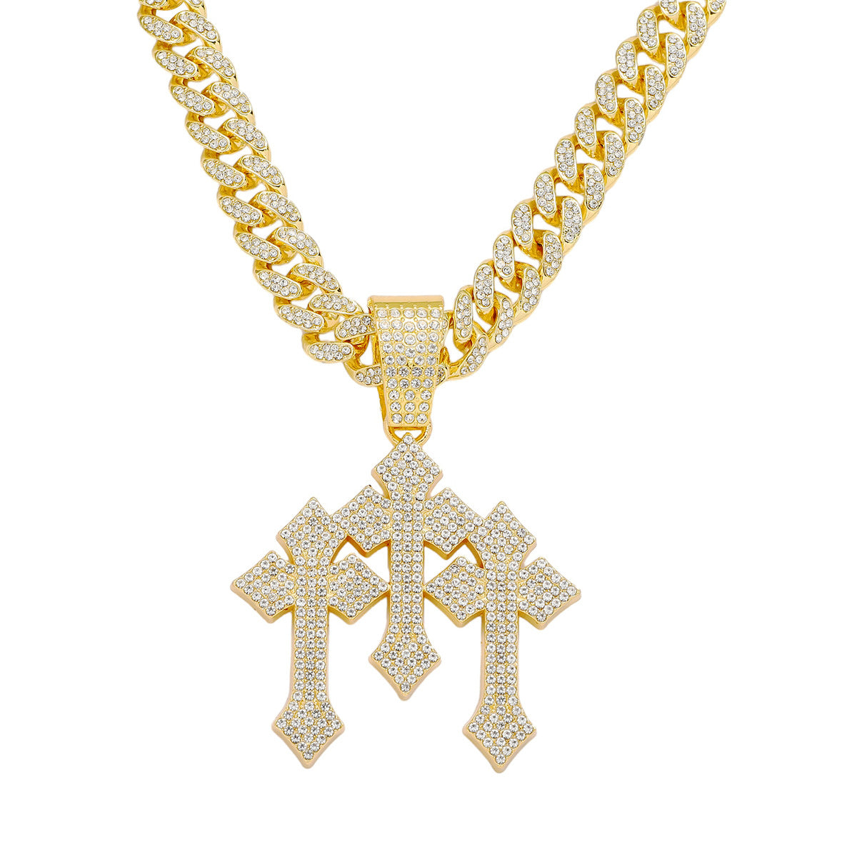 Hip-Hop Three Crosses Spliced Cuban Chain Pendant Necklace