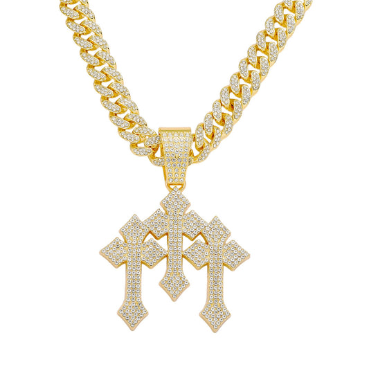 Hip-Hop Three Crosses Spliced Cuban Chain Pendant Necklace