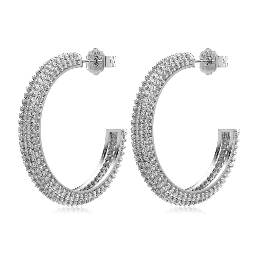 Women's Delicate 20 mm Round Huggie Earrings, Full Paved Round Zirconia, S925 with White Gold Plating