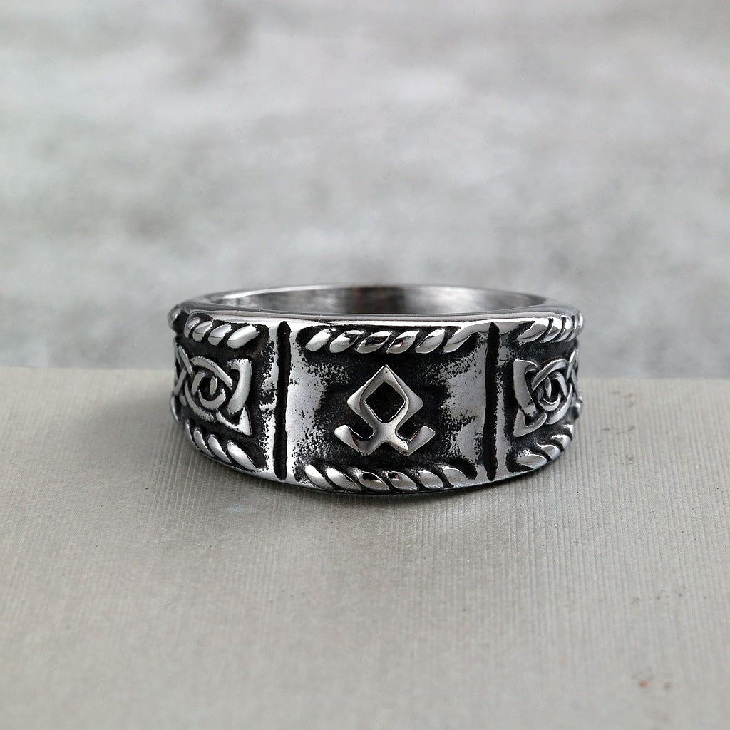 Vintage Solid Stainless Steel Viking Rune Round Ring for Men