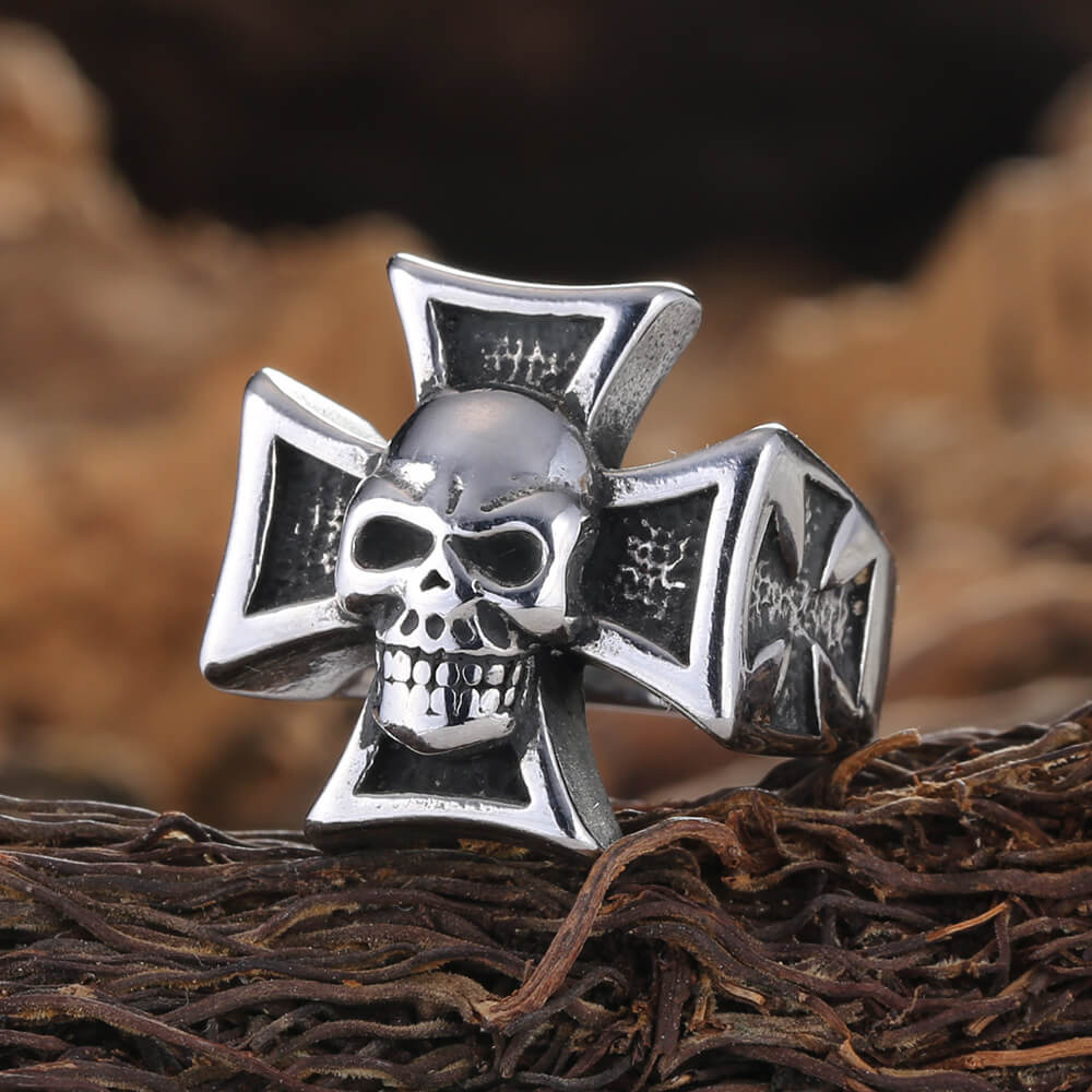 Vintage Stainless Steel Cool Cross Skull Ring for Men
