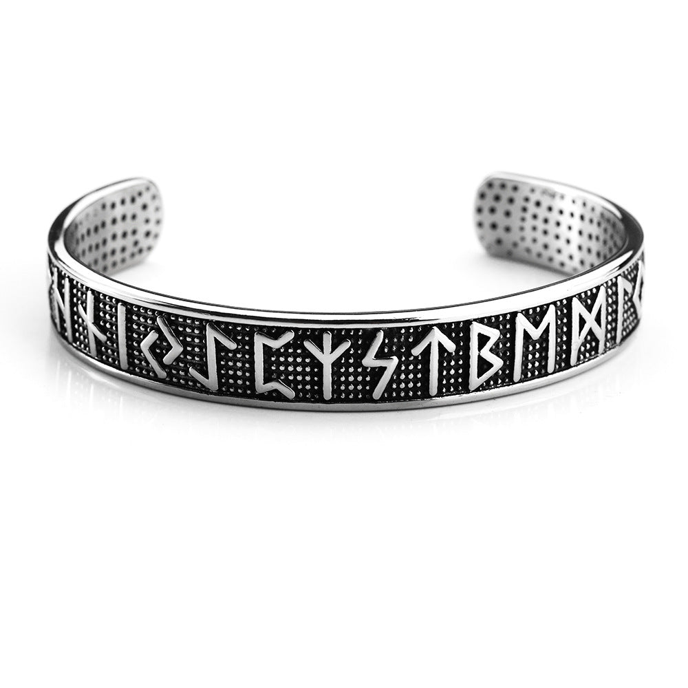 Men's Nordic Pirate Vintage Solid Stainless Steel Open C Cuff Bracelet, Engraved Viking Rune Symbols Adjustable Retro Bangle