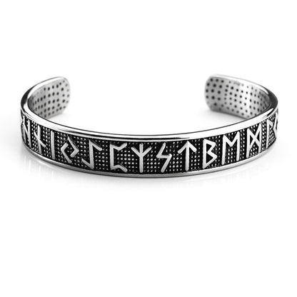 Men's Nordic Pirate Vintage Solid Stainless Steel Open C Cuff Bracelet, Engraved Viking Rune Symbols Adjustable Retro Bangle