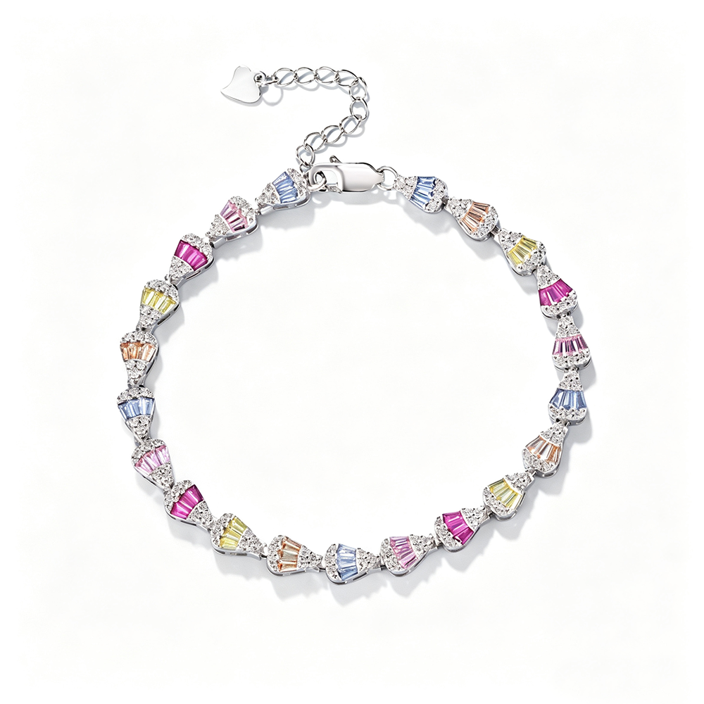 Women's Delicate Adjustable Bracelet, Multicolor Baguette Zirconia Arranged Inlay, S925 with White Gold Plating