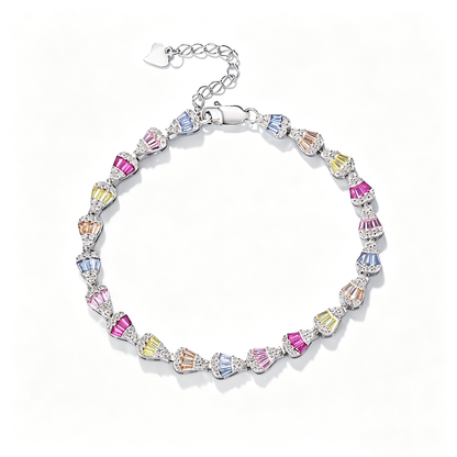 Women's Delicate Adjustable Bracelet, Multicolor Baguette Zirconia Arranged Inlay, S925 with White Gold Plating