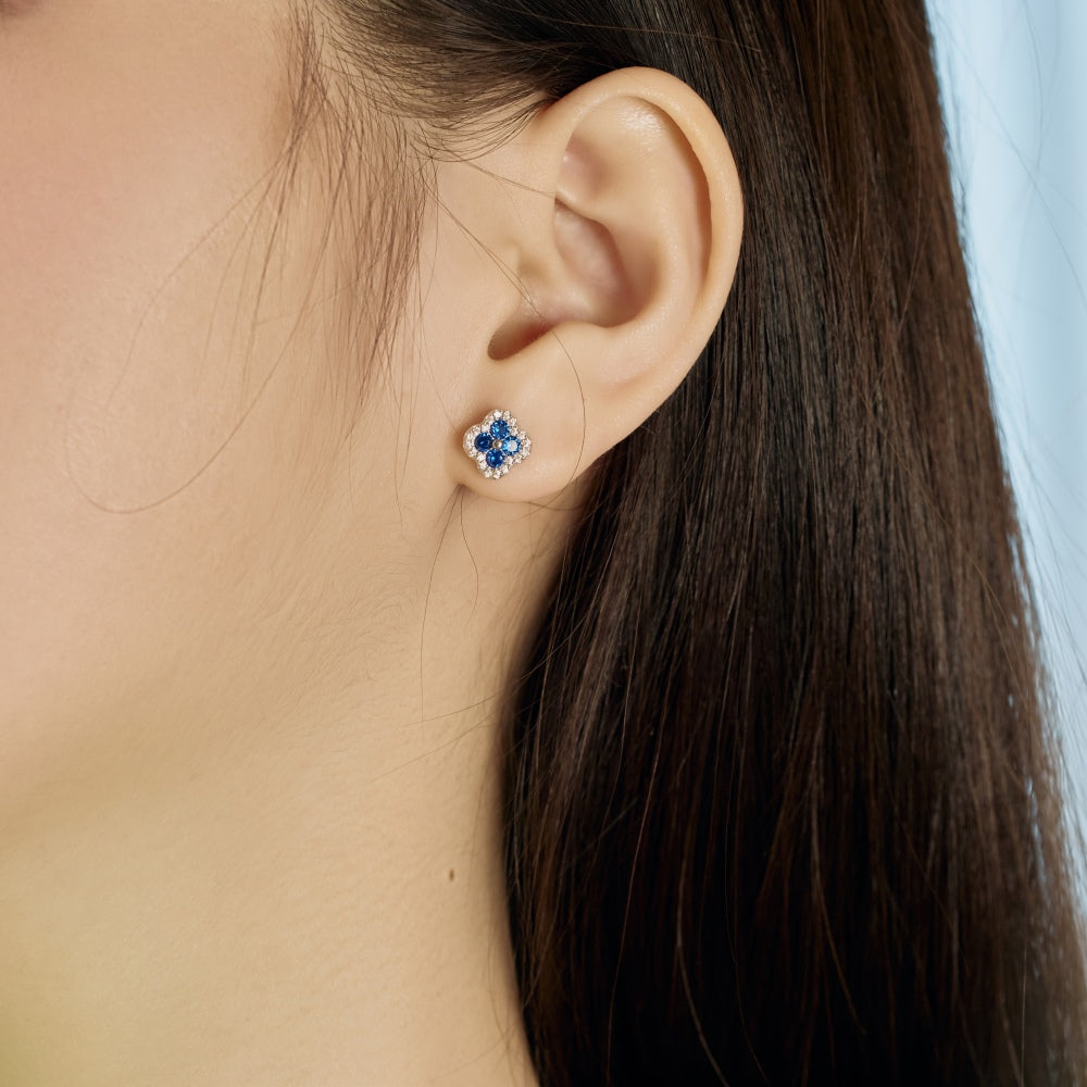 Womens Four‑Leaf Clover Stud Earrings, Round Blue Zirconia Center Stone With Paved Border, S925 with White Gold Plating