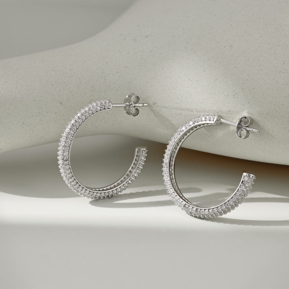 Women's Delicate 20 mm Round Huggie Earrings, Full Paved Round Zirconia, S925 with White Gold Plating