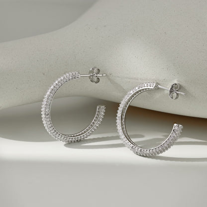 Women's Delicate 20 mm Round Huggie Earrings, Full Paved Round Zirconia, S925 with White Gold Plating