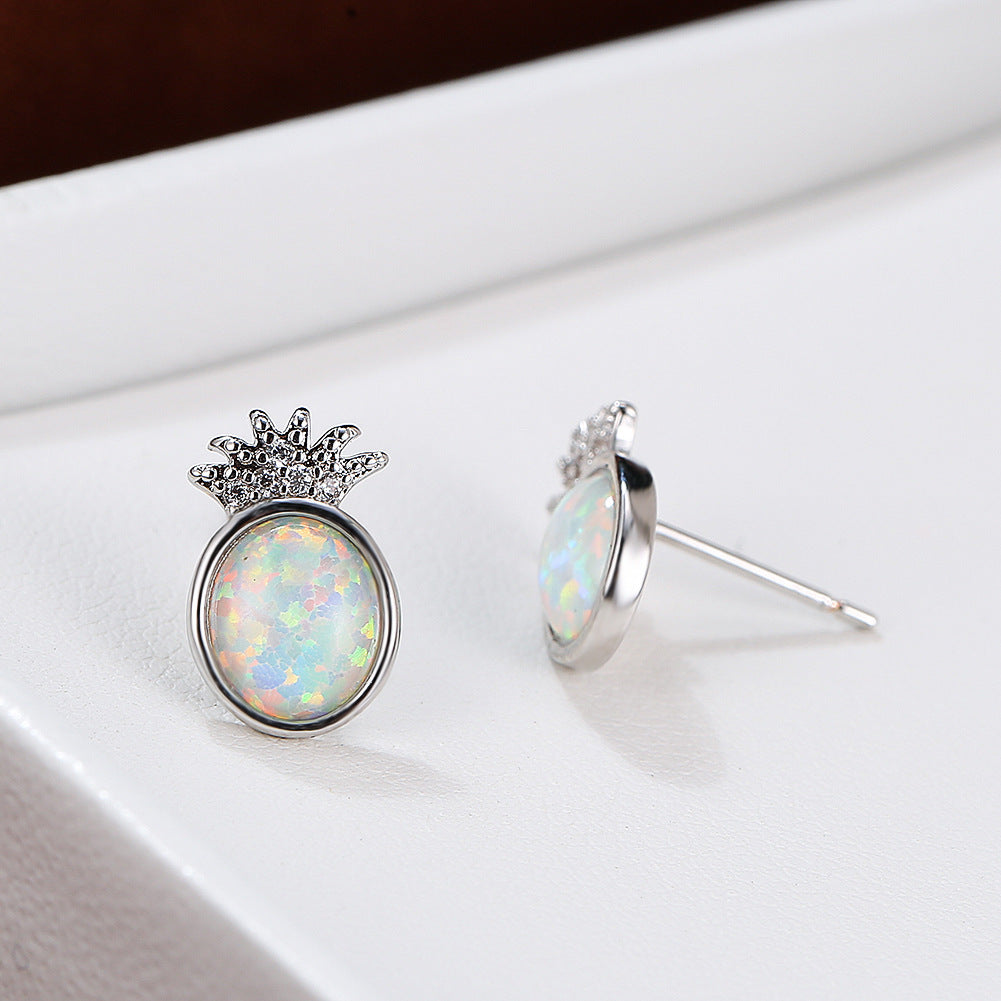 Women's Pineapple Shape Oval Opal Stud Earrings With Round Zirconia Accent, with White Gold Plating