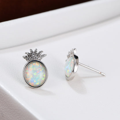 Women's Pineapple Shape Oval Opal Stud Earrings With Round Zirconia Accent, with White Gold Plating